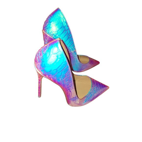 Snakeskin leather high heels blue hologram iridescent light color pumps Size 7.5 - Picture 7 of 8